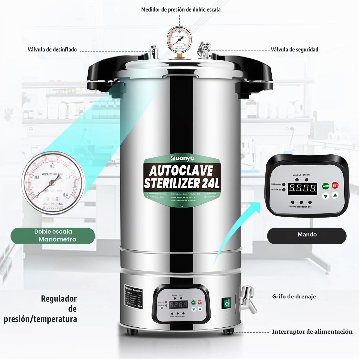 Huanyu 24L Autoclave Esterilizador Automático Autoclave de Vapor Control Inteligente Autoclaves Eléctricos de Laboratorio Esterilizador de Vapor de Alta Presión Ajustable en Temperatura y Tiempo