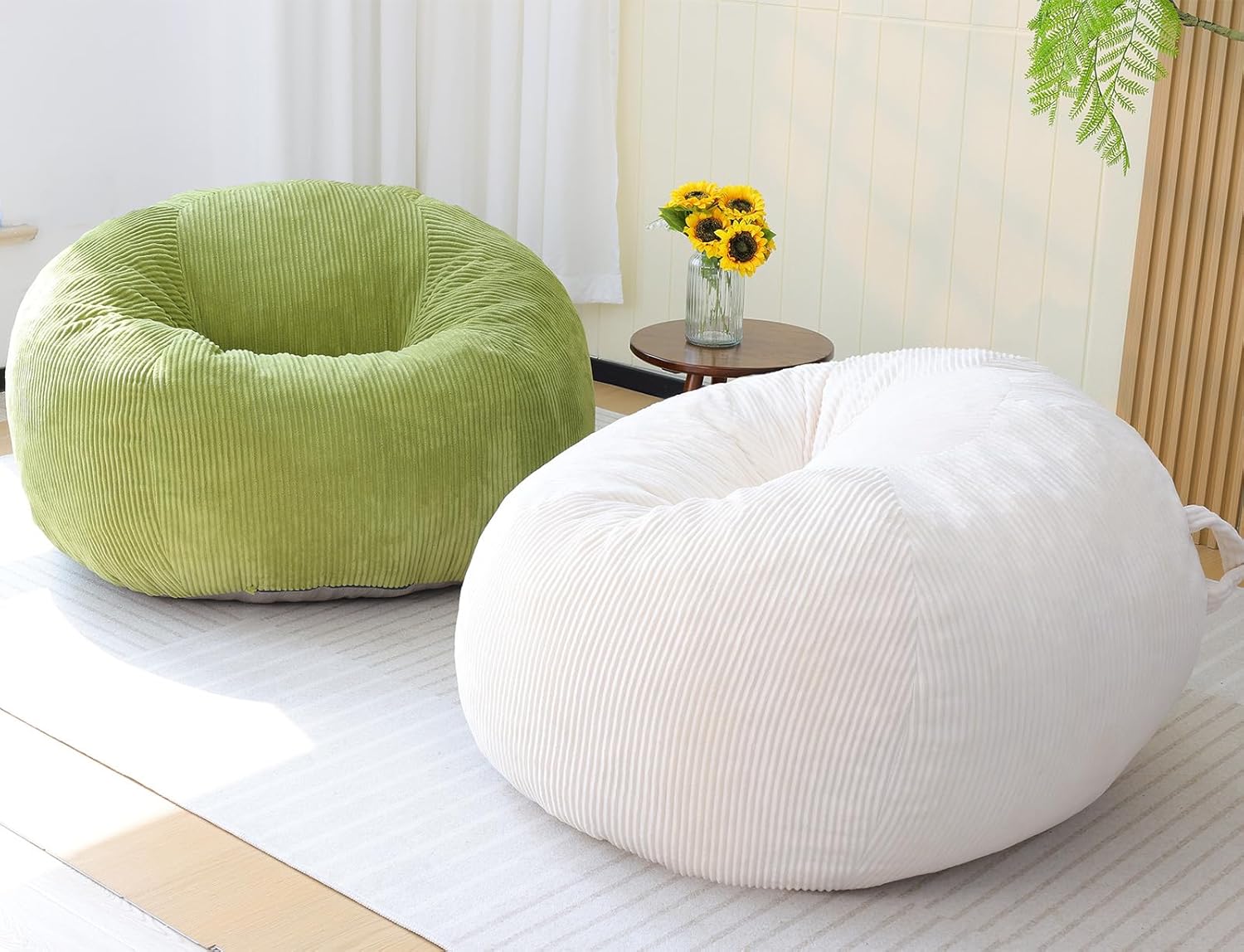 Bean Bag Chair for Adults Teens & Kids, Giant Round Bean Bag with Memory Sponge Filling, Boneless Lounge Floor Sofa Chair with Handle & Non-Slip Base for Living Room Bedroom Balcony(L-Beige)