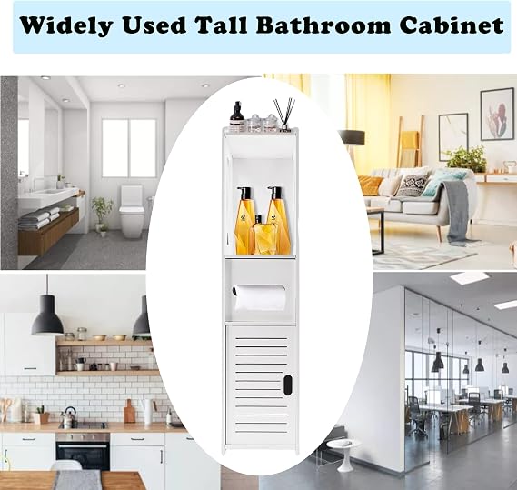 Bathroom Cabinet Storage Narrow Storage Cabinet Furniture, with Door Open Shelf, Free-standing Storage Cabinet with Paper Roll Holder, Tall Corner Shelf for Kitchen Corridor Entrances, Height 32inch