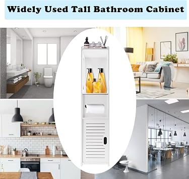 Bathroom Cabinet Storage Narrow Storage Cabinet Furniture, with Door Open Shelf, Free-standing Storage Cabinet with Paper Roll Holder, Tall Corner Shelf for Kitchen Corridor Entrances, Height 32inch