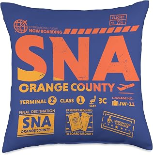 Now Boarding Air Travel Vacation Tees Vintage Orange County SNA Airport Code Travel Day Retro Tag Throw Pillow, 18x18, Multicolor