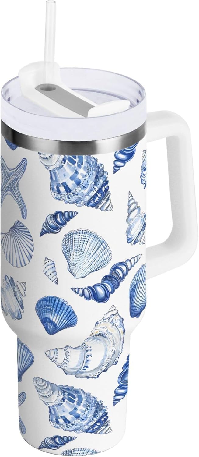 MNSRUU Coffee Cup 40 oz Stainless Steel Water Bottle Insulated Tumblers with Straw Lip and Handle Blue White Seashells Leakproof Travel Mug Drink Flask Sports Metal Bottle for Iced Hot Tea