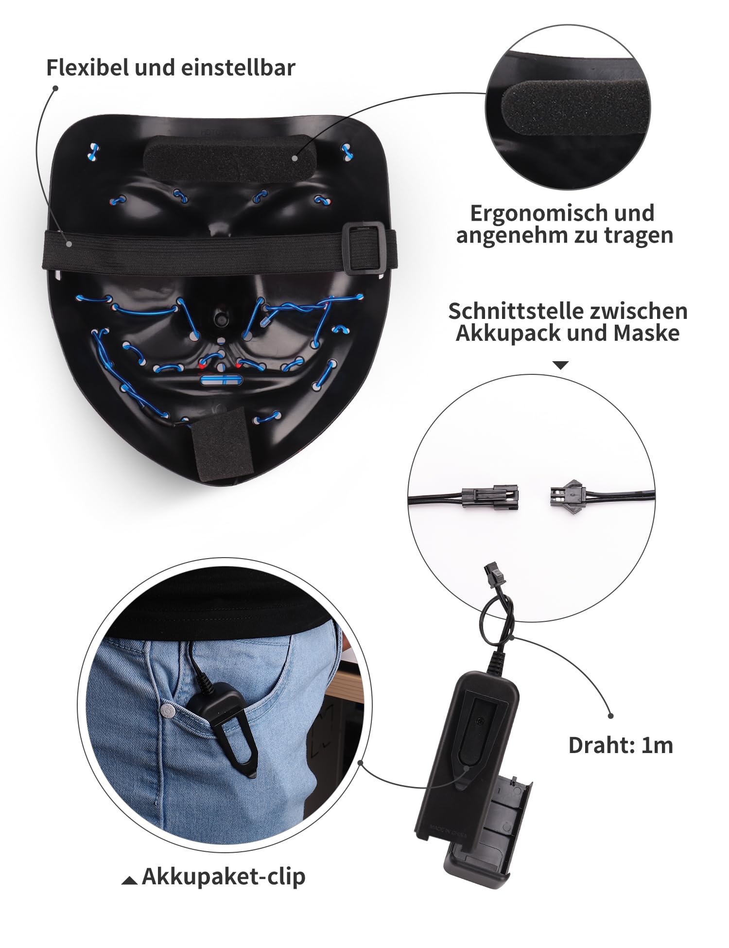 AnanBros - Maschera per Halloween, con luci a LED, maschera, per Halloween, 3 modalità di illuminazione, per cosplay e feste
