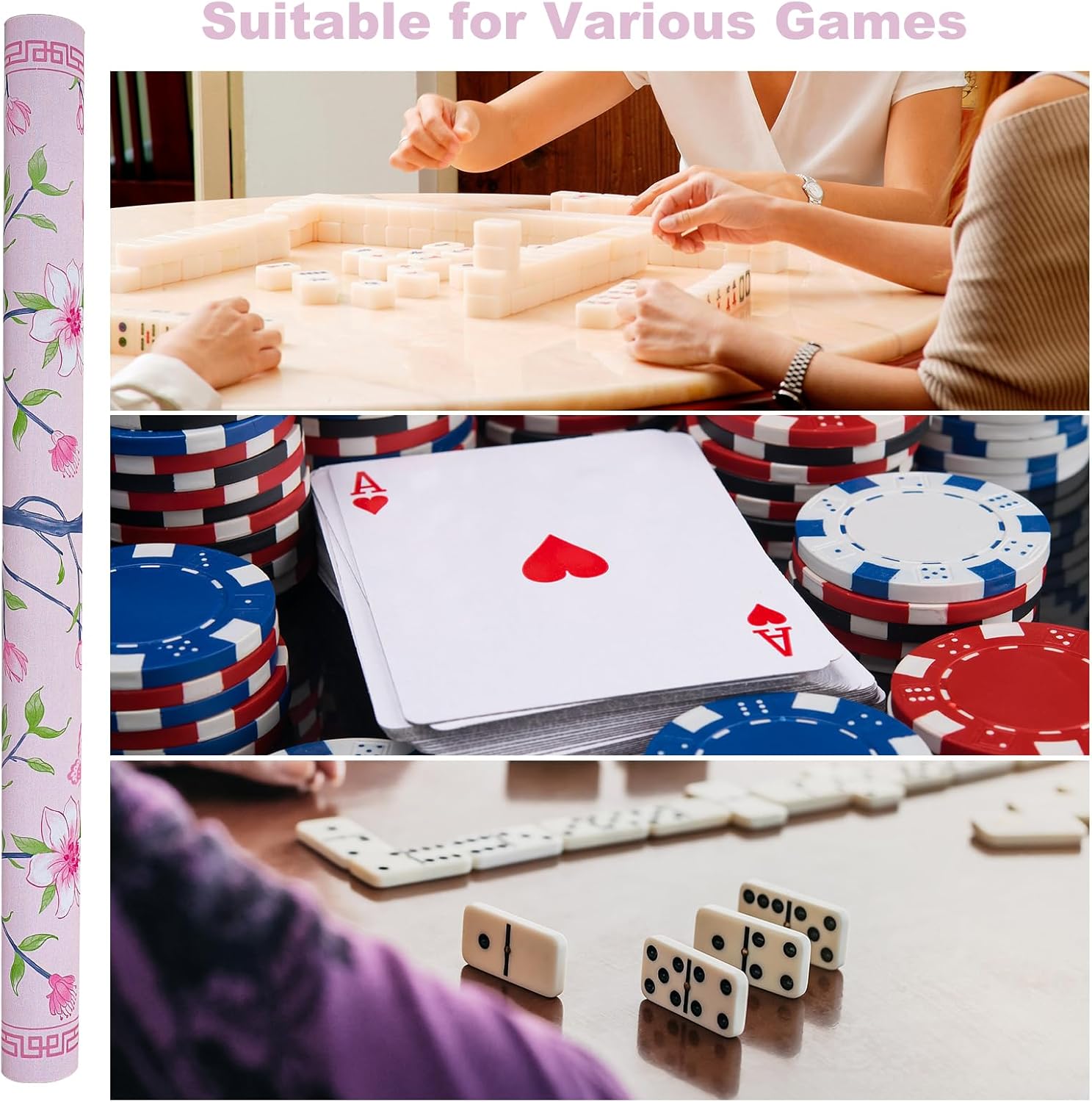 Jongyance Pink Printed Mahjong Mat (31.5”x31.5”) with Black Carrying Bag, Anti-Slip, Noise-Reducing, Mahjong Table Mat for Mah-jongg,Poker, Board Games, Dominoes, and Card