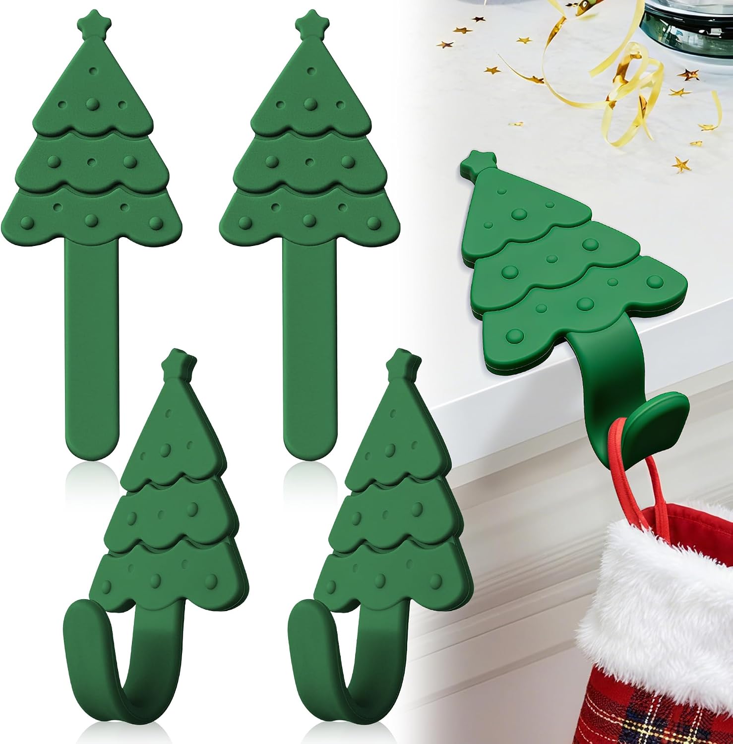 6 Pack Christmas Stocking Holders Garland Hangers for Mantle, Freely Bendable Adjustable Silicone Mantle Hangers, Counter Tables Window Fireplace Decoration (Green)