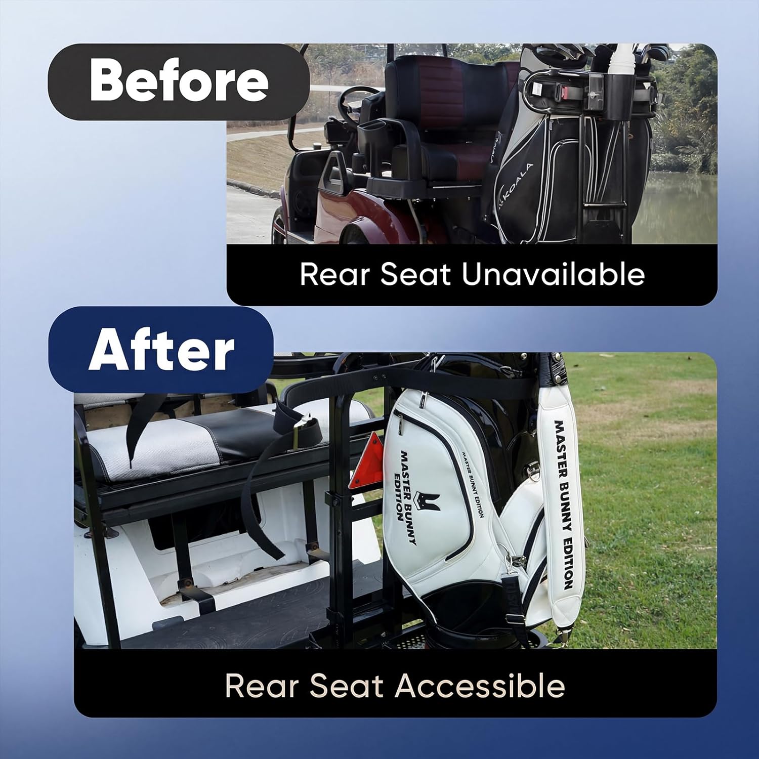 Golf Cart Bag Holder for Rear Seat - Foldable Bag Rack with Safety Grab Bar (Up to 8 in), No-Drill Install, Compatible with EZGO/Club Car/Yamaha