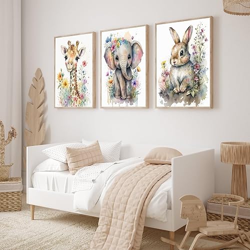 Miniatura 5 de 3 piezas de lienzo de acuarela de animales de safari para bebé, arte de pared de animales de la selva con flores silvestres, decoración de pared,
