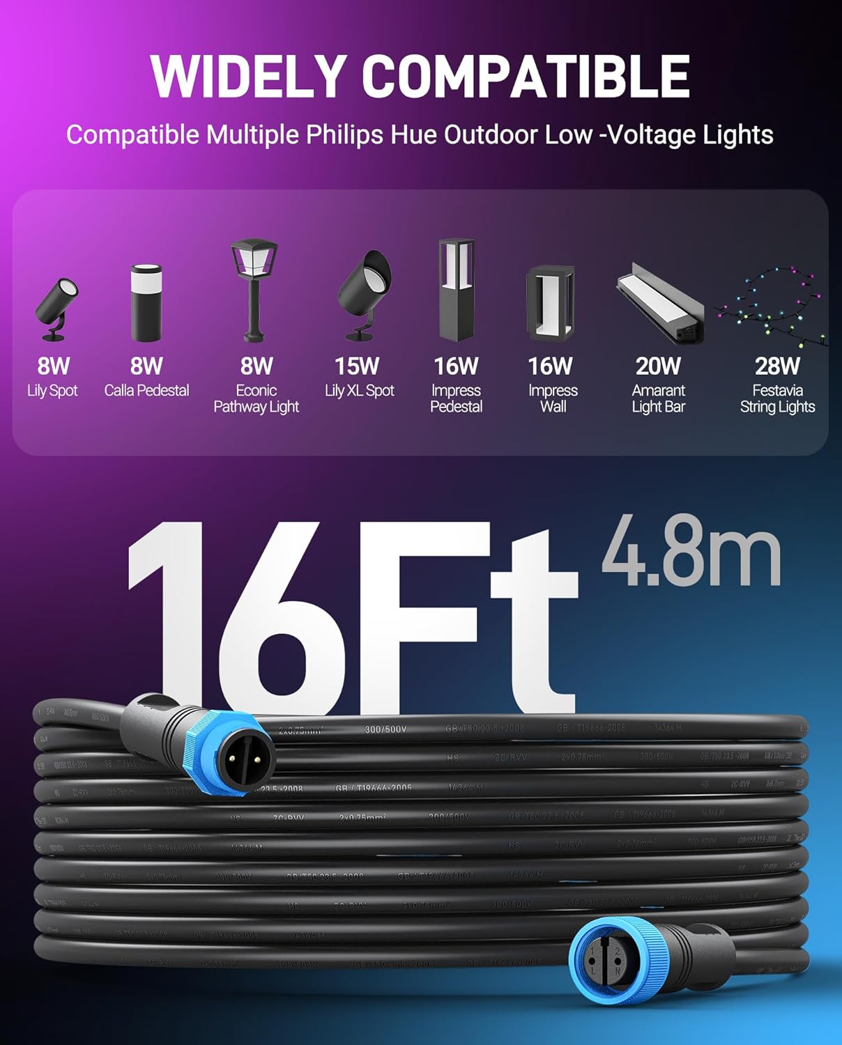 16-Foot (4 Pack) Weatherproof Extension Cable for Philips Hue Outdoor Low Voltage Lights, 16AWG Power Cord Compatible with Lily Spot/XL Spot, Calla Pathway, Impress Pedestal, Impress Wall