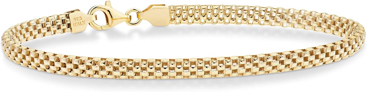 Miabella Italian 18k Gold Over 925 Sterling Silver 4mm Mesh Bracelet Women | Joyería fina, cadena de eslabones, hecha en Italia