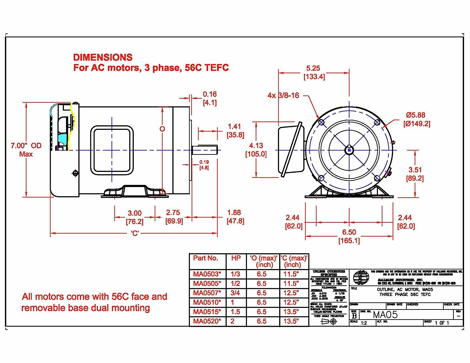 Hallmark Industries MA0520F AC Motor, 2 hp, 3450 RPM, 3PH/60 hz, 208-230/460V AC, 56C/TEFC, with Foot, SF 1.15, Insul F, Inverter Duty, Steel (Pack of 1): Tools & Home Improvement
