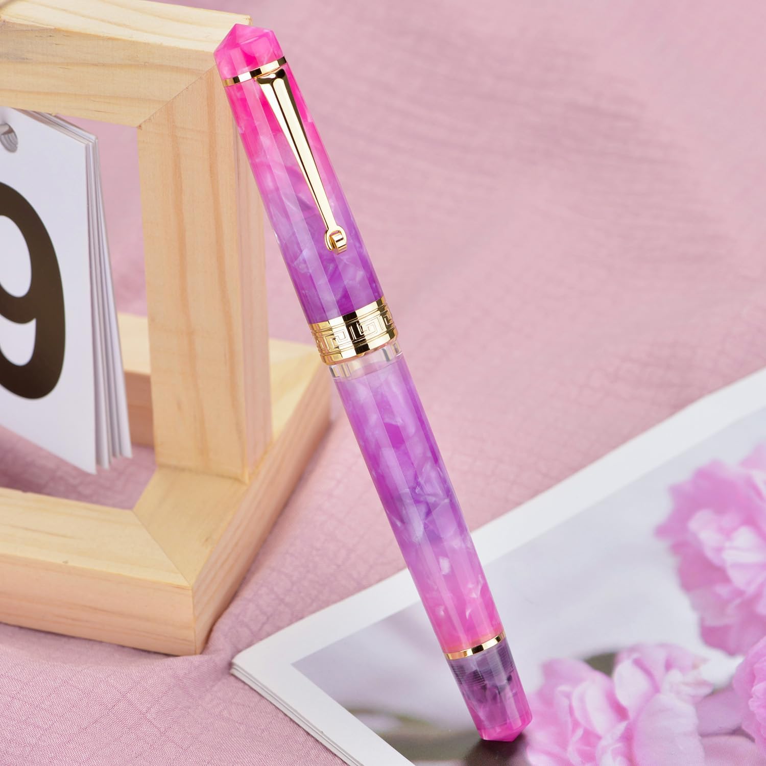 Asvine P20 Gradual Purple Piston Fountain Pen, Iridium Fine Nib Gold Trim Resin Pen Smooth Writer Collection with Case Set