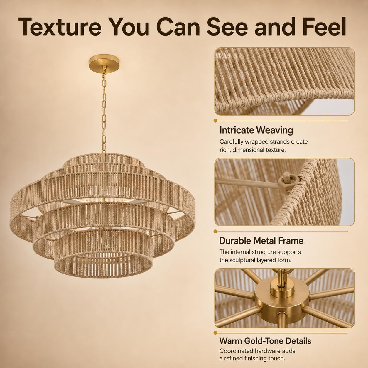31.5-Inch Rattan Chandelier, 12-Light Large Tiered Pendant Light with Gold Finish, Adjustable Hanging Ceiling Light Fixture for Dining Room, Living Room, Foyer and High Ceiling image 4
