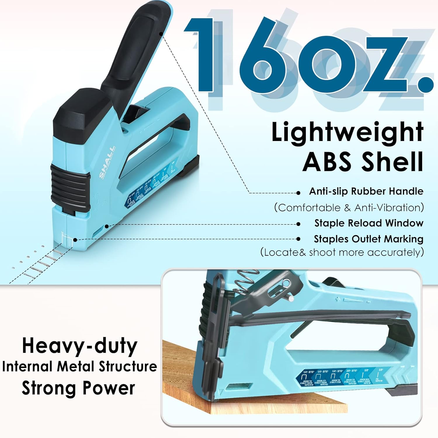 Image highlighting the 16 oz weight and lightweight ABS shell of the staple gun, pointing out features like anti-slip rubber handle and staple reload window.