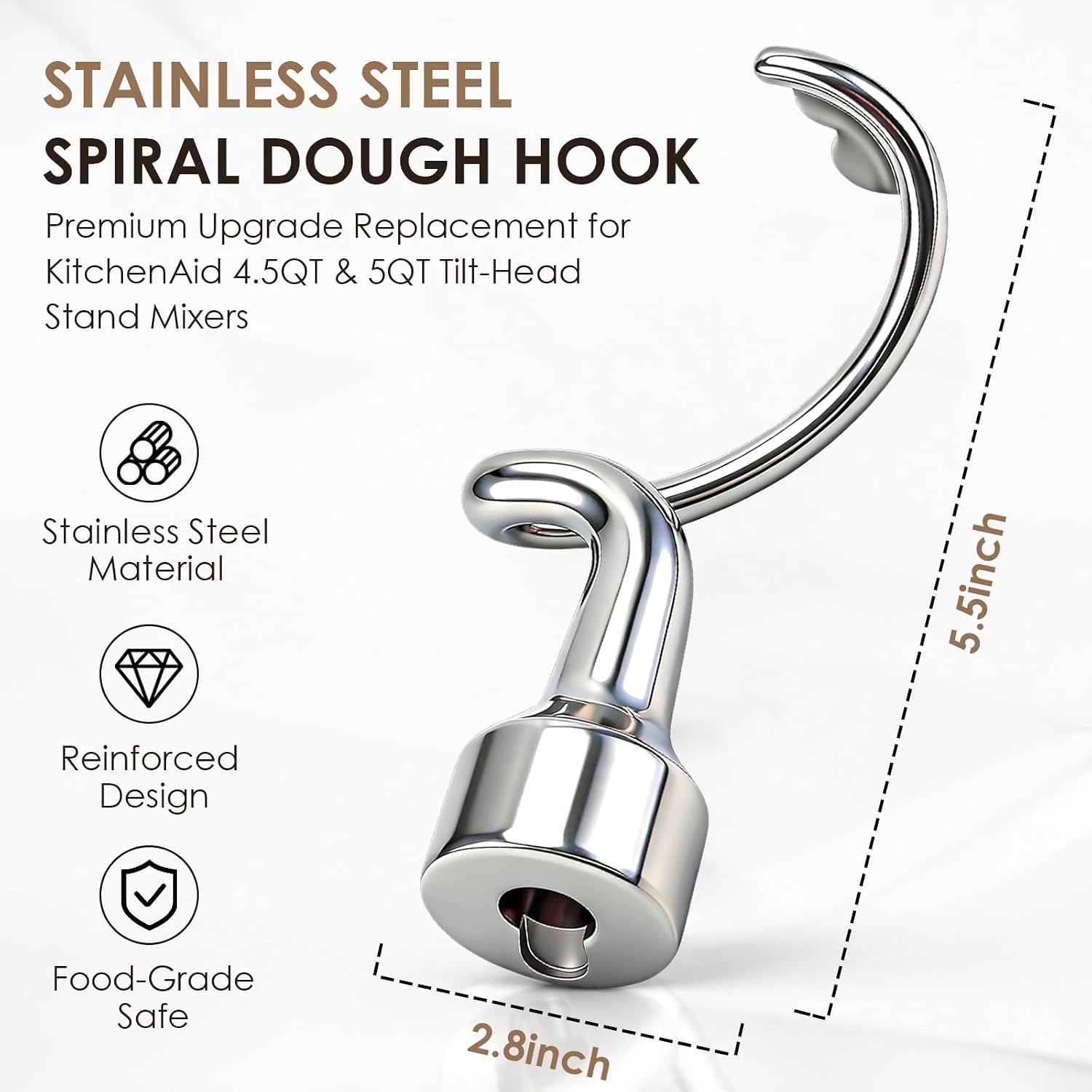 Stainless Steel Spiral Dough Hook Attachment for KitchenAid | Fits 4.5/5QT Tilt-Head Mixers, Dough Hook Replacement for Kitchenaid, Dishwasher Safe, Ideal for Bread, Pizza & Sourdough