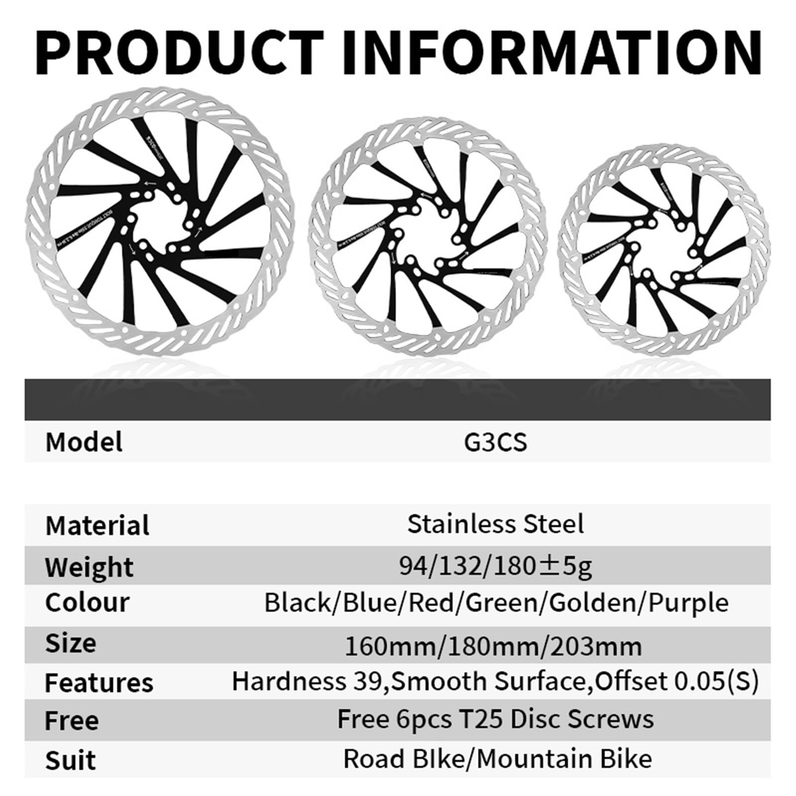 Disco freno 2 discos de freno para bicicleta de carretera, resistentes, de 160 mm, 180 mm y 203 mm, G3, de 6 pernos, compatibles con Shimano.(BLUE-180-203MM)