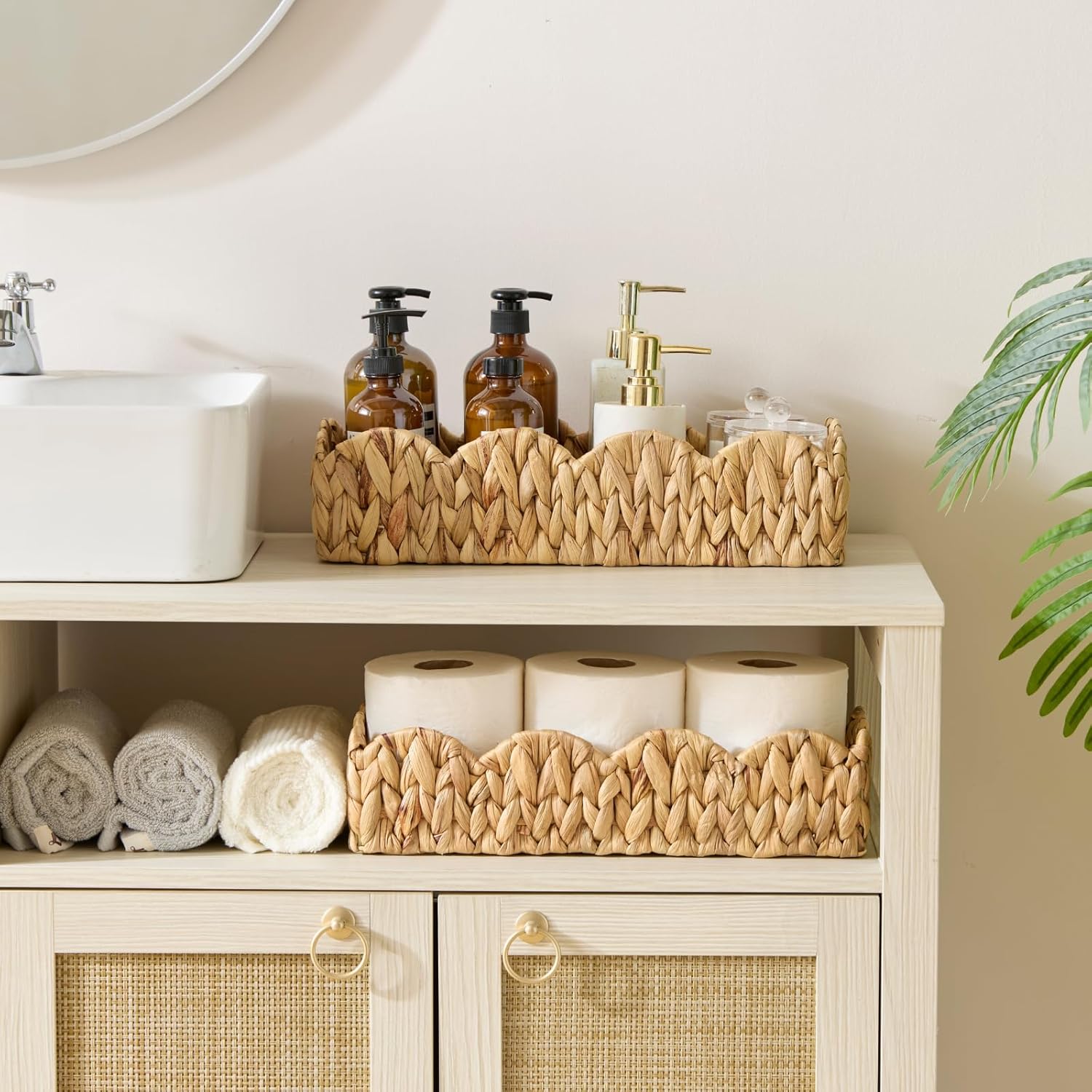 YANGQIHOME Toilet Paper Basket, Water Hyacinth Toilet Tank Basket for Storage, Scalloped Baskets for Bathroom Decor, Bedroom Nursery Room Kitchen, 2 Pack