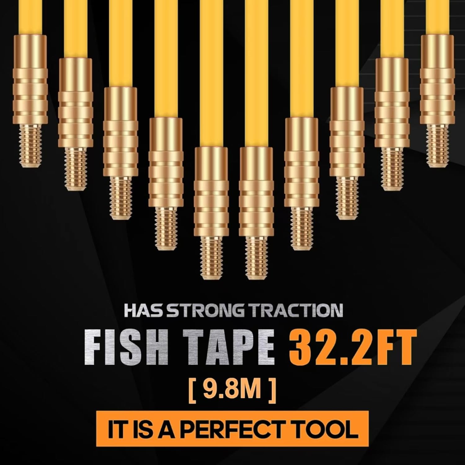 GURADESIGN 32.2FT Fiberglass Running Electrical Wire Cable Glow Rods Wire Pulling, Fish Rods Electrical Kit with 6 Different Attachments and Fish Tape Wire Puller Kit (Yellow)