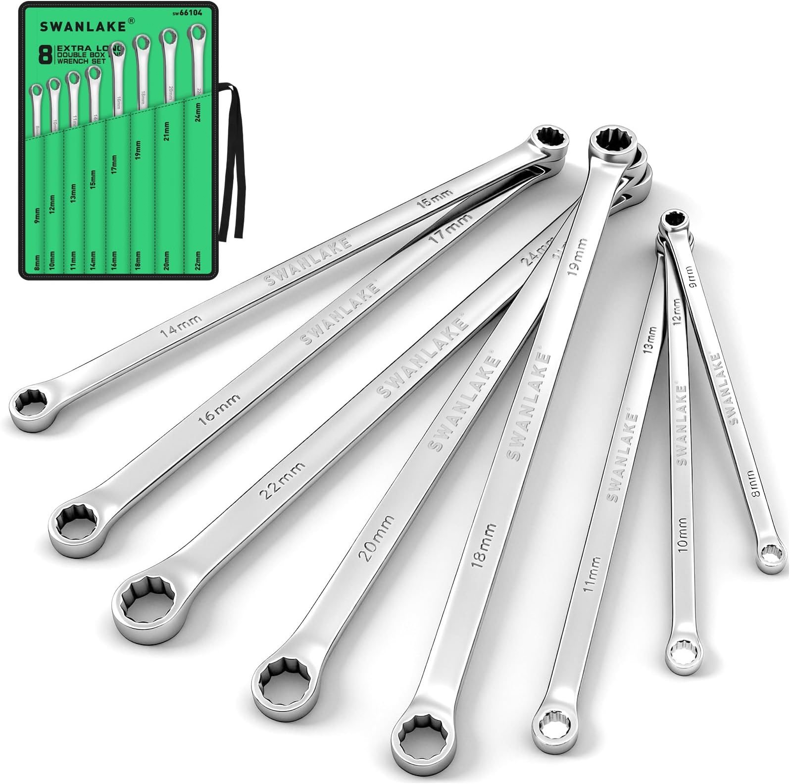 8-Piece Extra Long Double Box-End Wrench Set, Premium 12-Point Metric 8–24 mm, CR-V Steel, 15° Offset, Off-Corner Loading, with Tool Roll Bag