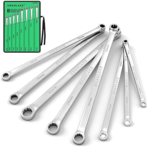 SWANLAKE GARDEN TOOLS 8-Piece Extra Long Double Box-End Wrench Set, Premium 12-Point Metric 8–24 mm, CR-V Steel, 15° Offset, Off-Corner Loading, with Tool Roll Bag