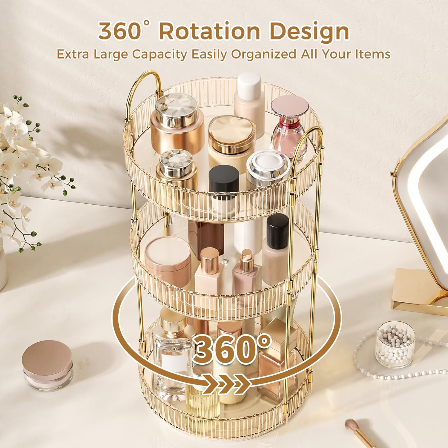360° Rotating Makeup Organizer, Large Capacity Skincare Organizer, 3 Tier Cosmetic Skin Care Perfume Dresser Organizer, Fits Cosmetics, Perfume, Skin Care, Lipstick