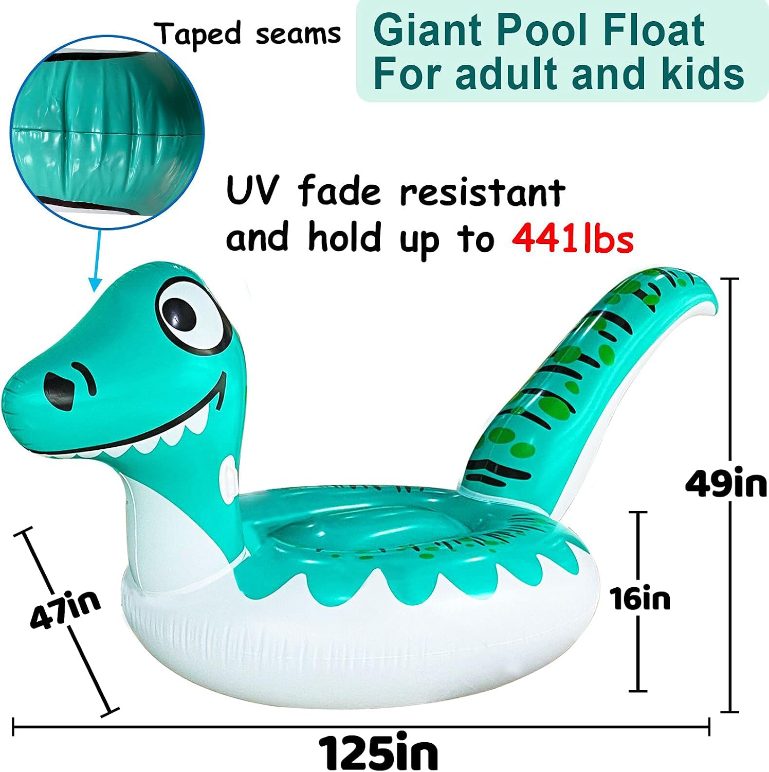 Giant Dinosaur Inflatable Pool Float Party Toys Ride-on with Durable Handles Summer Beach Swimming Pool Party Game Pool Toy Tube Raft Lounge Kids Adults Dinosaur Toy Island(125"x 47"x49")