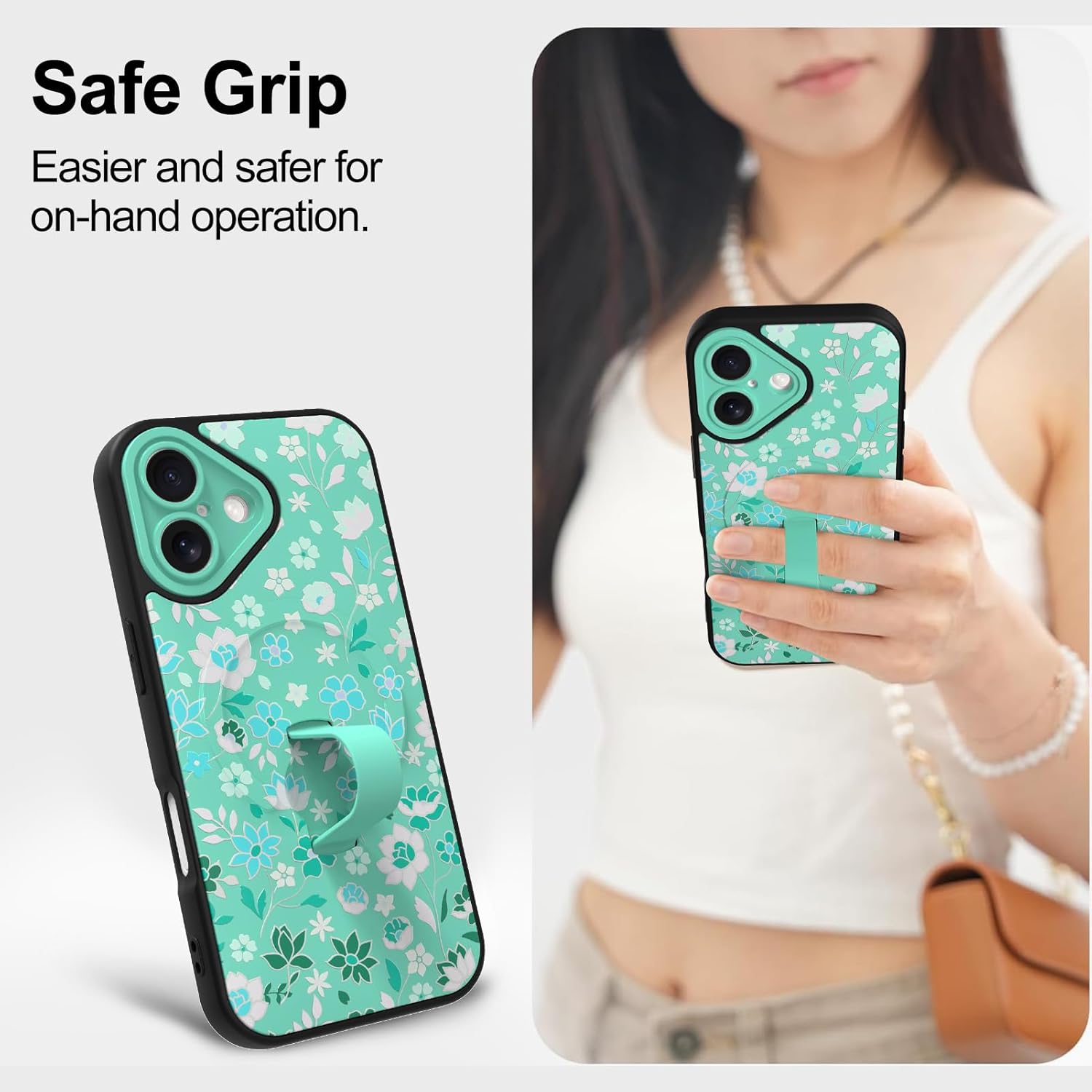 Magnetic for iPhone 17 Case with Finger Strap Stand, Compatible with Magsafe, Trendy Floral Flower Phone Case for Women Men Slim Shockproof Cover for 17, Green Flowers