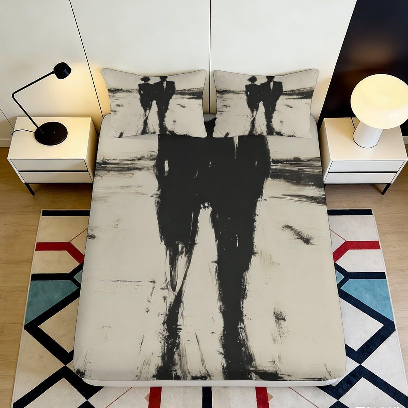 3D Printed Abstract Silhouette Fitted Sheet Microfiber Soft Breathable Monochrome Figure Mattress Cover for Bedroom Dorm Decor 200x200x25cm