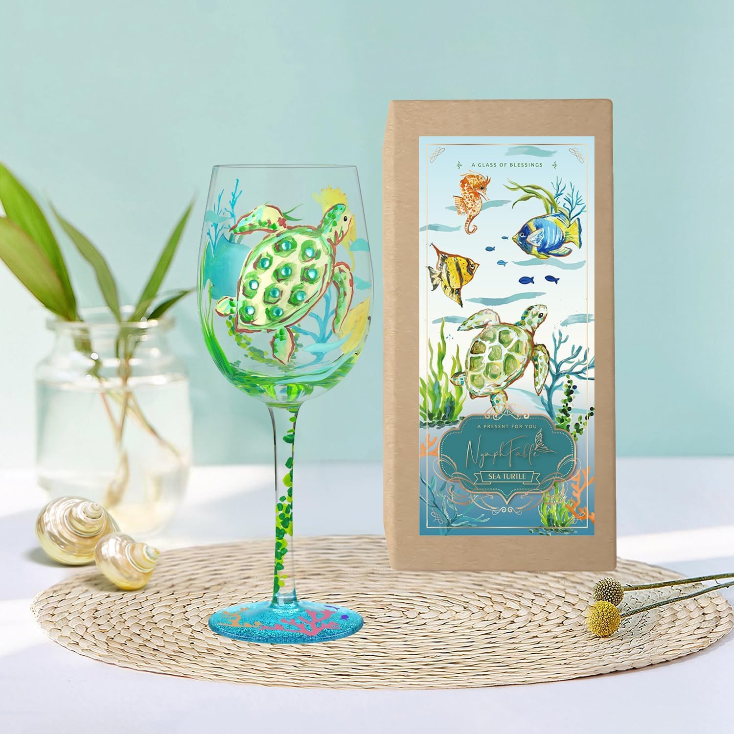 NymphFable 100% Hand-Painted Wine Glass Ocean Turtles Seagrasses Glass Artisan Painted Glass 15oz Gift for Friend Family (1 Piece) - Image 6