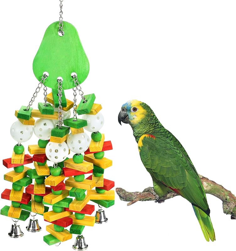 Brinquedo para Papagaio Grande com Madeira Natural e Sinos MEWTOGO – 58 cm