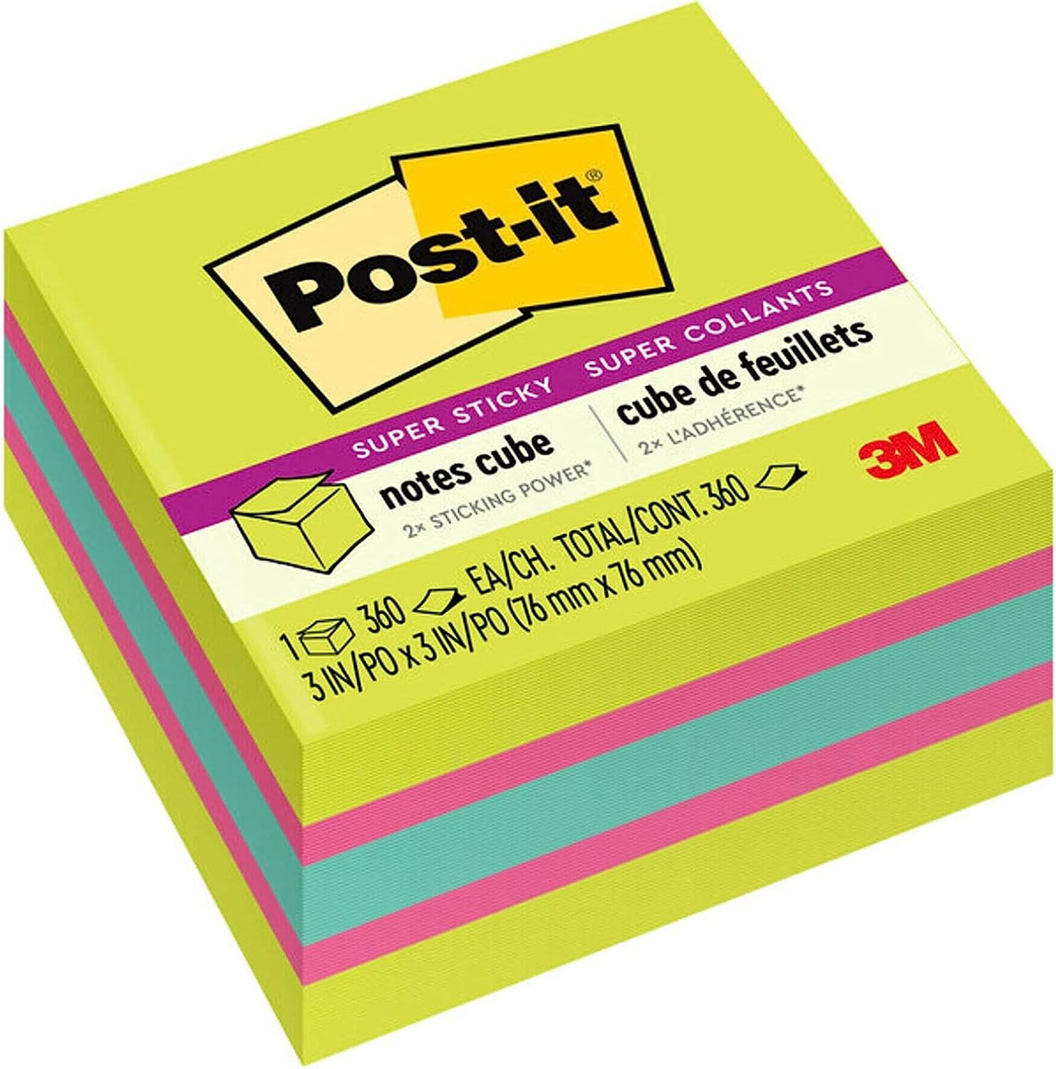 Post-it Super Sticky Notes, 3 in x 3 in, 1 Cube, 2x the Sticking Power, Bright Colors, Recyclable (2027-SSGFA)