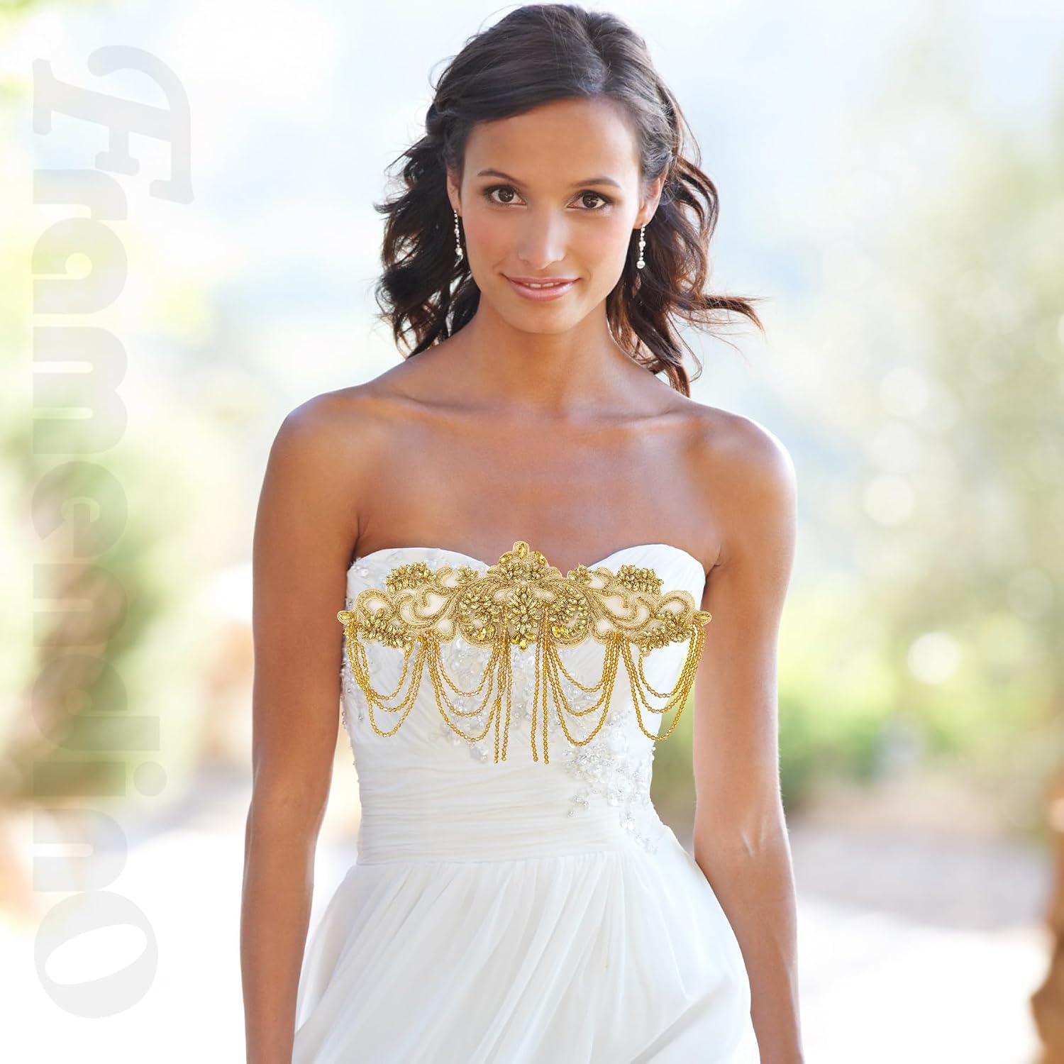 Framendino, AB Color Beaded Crystal Applique with Tassel Gold Bead Sew-on Appliqué Embellishment for Wedding Clothing Dress