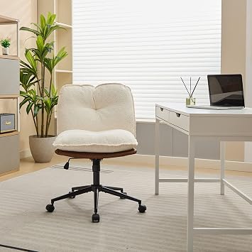 Modern Criss Cross Chair with Wheels,PU Leather Cross Legged Office Chair No Arms,Swivel Vanity Desk Chair with Back&Adjustable Height for Living Room,Bedroom,Fabric Cushion Dark Brown+White