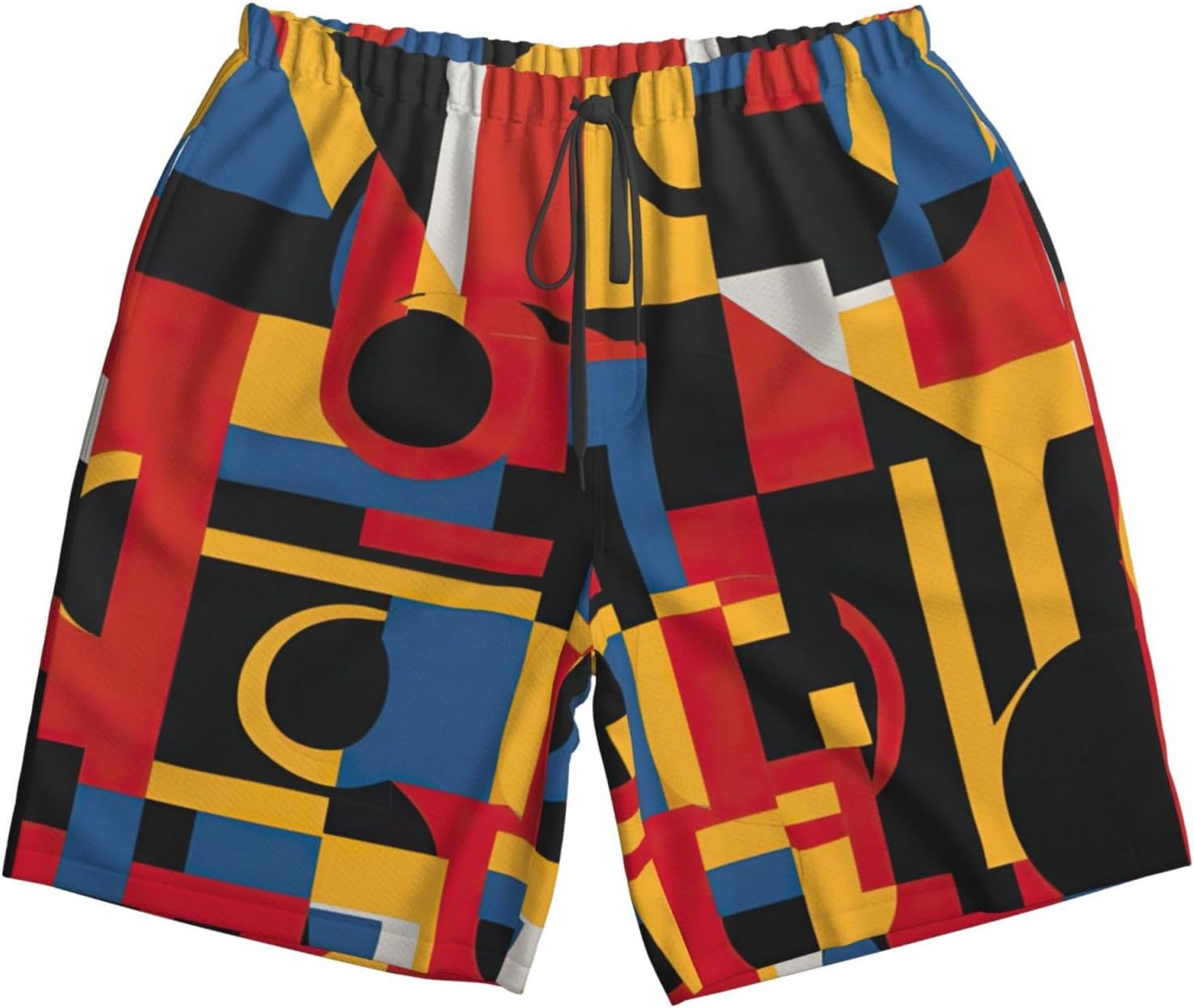Mens Composition in Red Yellow Blue and Black Print Beach Shorts,Casual Summer Shorts for Men,Quick Dry Polyester