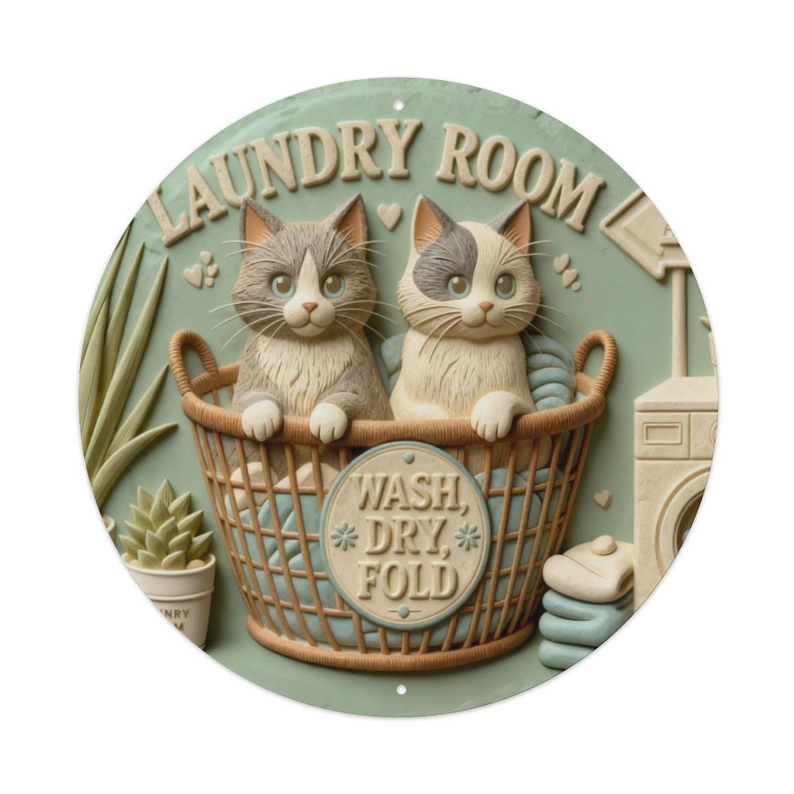 Laundry Room Cats Basket Wash Dry Fold Round Metal Tin Sign Vintage Wall Decor, Bar Garage Cafe Kitchen Home Wall Art Poster 8x8inches