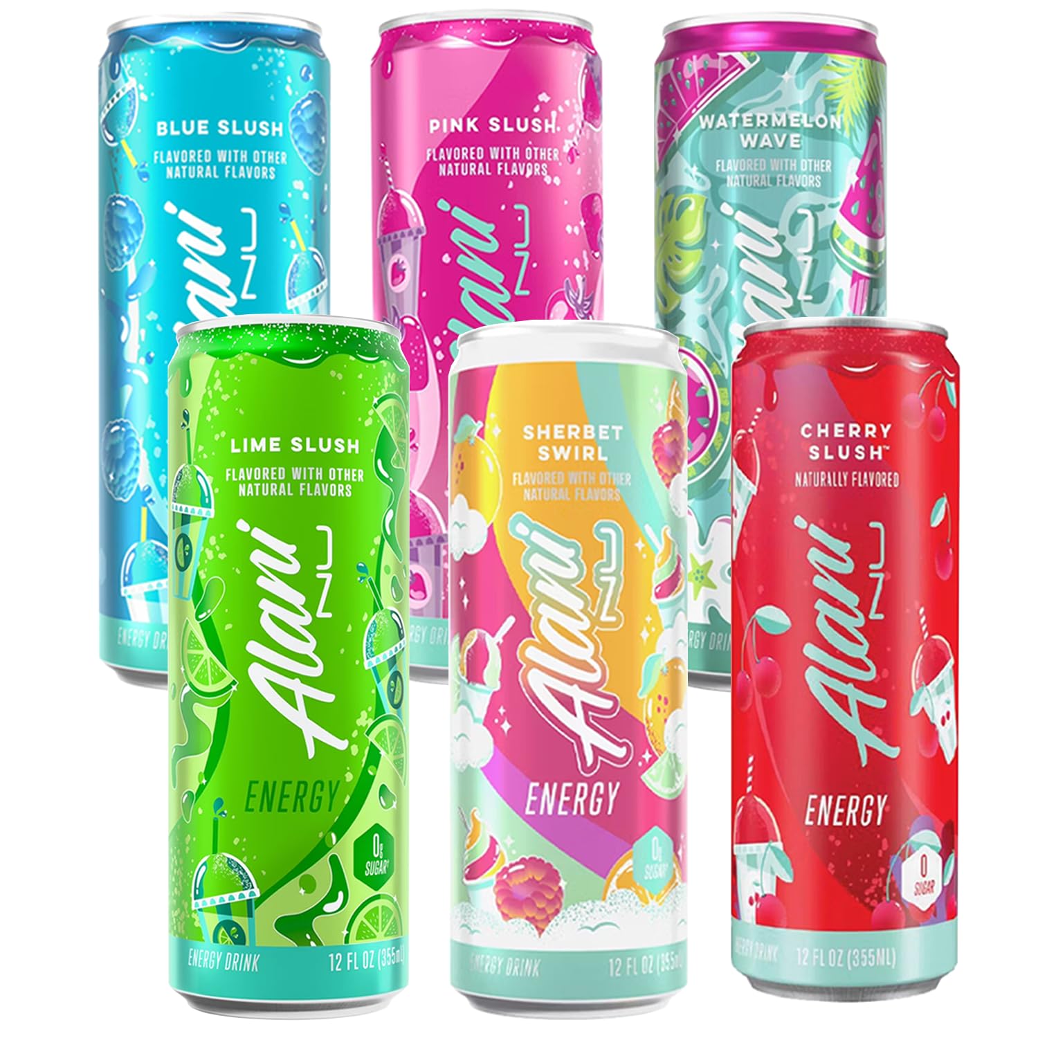 Alani Energy Drink Variety Pack – Sugar Free, Low Calorie Energy Drinks – Assorted Flavors – 12 fl oz Cans (Pack of 6) (Cherry Slush, Blue Slush, Lime Slush.)