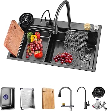 33Waterfall Kitchen Sink Black 304 Stainless Steel Waterfall Pull-Faucet Bar Single Bowl Family Kitchen Sink with Full set Accessories 33.46x17.7