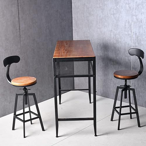 Miniatura 2 de Juego de 2 taburetes de bar industriales con respaldo, asiento giratorio de madera, altura ajustable, 25-32 pulgadas, taburete de isla de cocina,