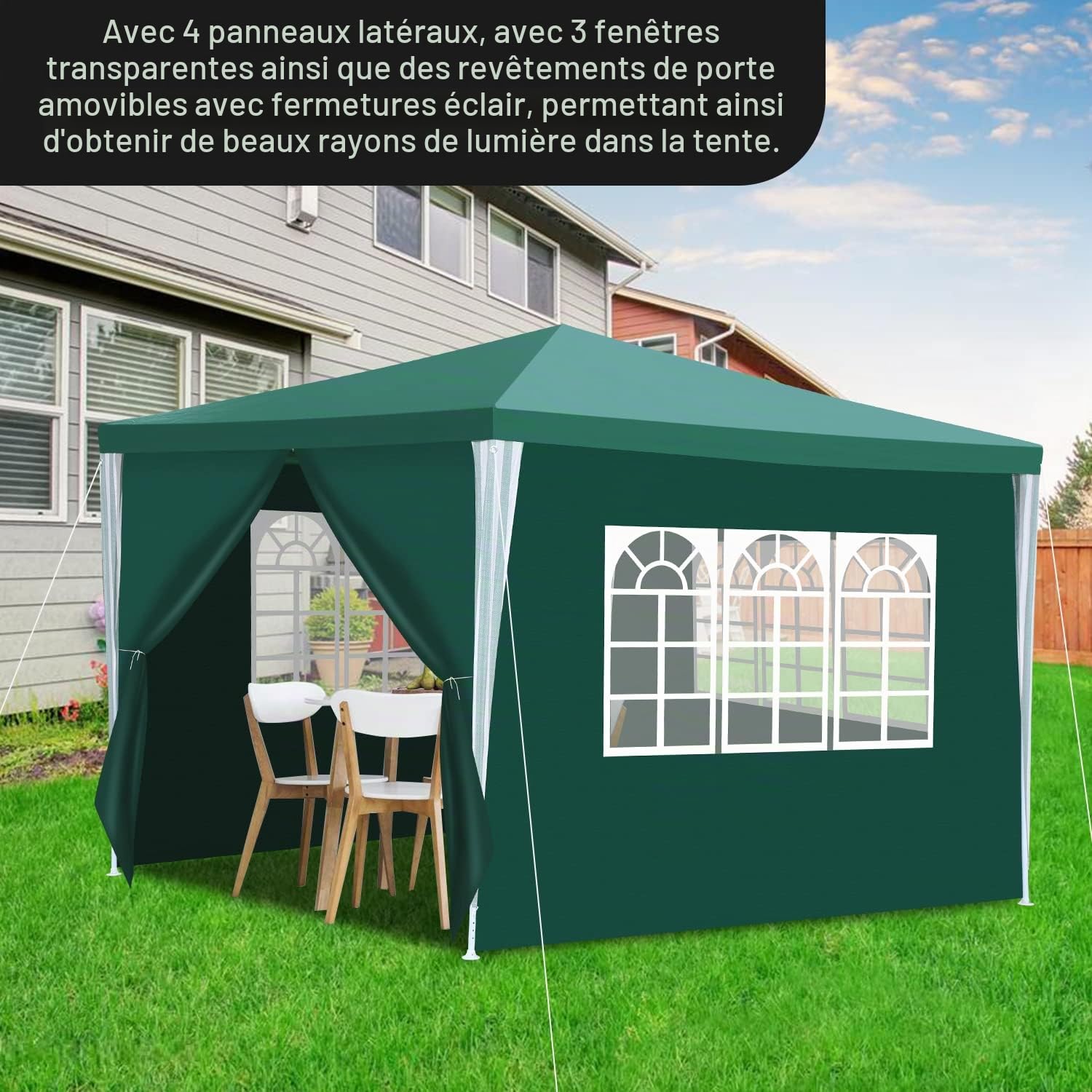 Tonnelle de jardin étanche, 3 x 3 m, avec 4 parois latérales et fenêtres, protection anti-UV 50+, tente de réception pour fête, stand de marché, festival, marché aux puces et camping, vert