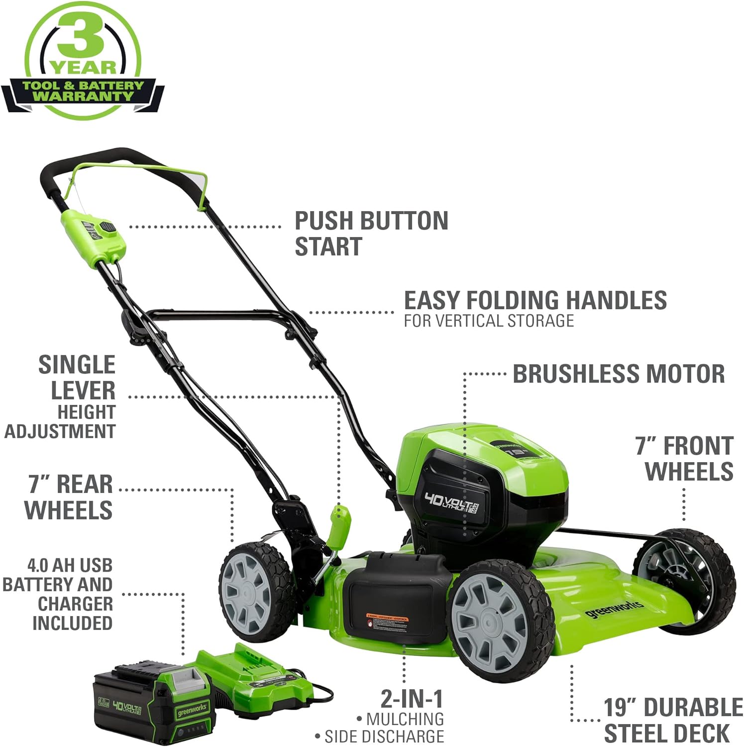 Greenworks 40V 19" Brushless Cordless Electric Lawn Mower, Sweeper, 4.0Ah Battery and Charger