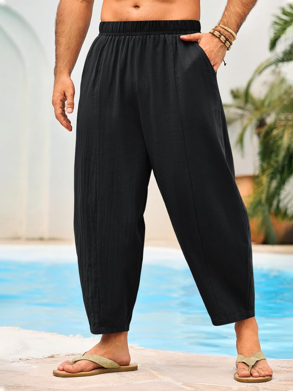 Runcati Mens Harem Pants Casual Elastic Waist Drawstring Cotton Cropped Pants Baggy Hippie Boho Beach Yoga Trousers - Image 4