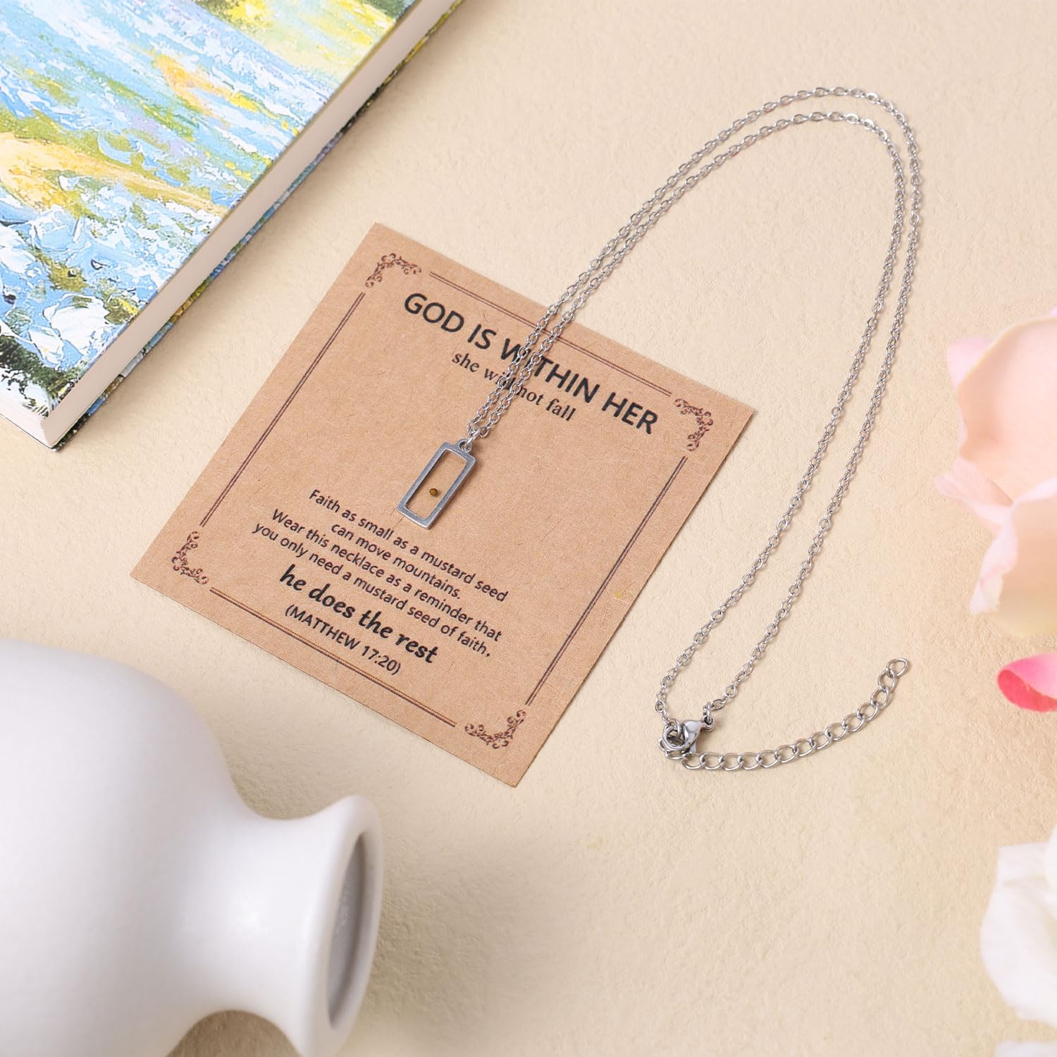 Mustard Seed Necklace, Silver Stainless Steel Christian Necklace with Card Inspirational Faith Pendant Christian Religious First Communion Confirmation Jewelry Gift for Women - Image 5