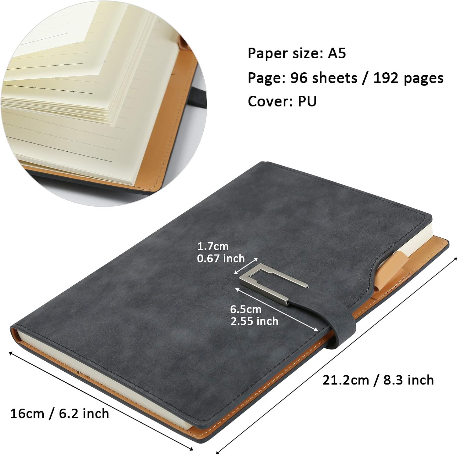 Kesoto Ruled Hardcover Executive Writing Notebook - A5 Lined Journal with Pen Loop & Magnetic Buckle, 192 Pages, 8.2 x 5.8 in, Matte Leather, Grey