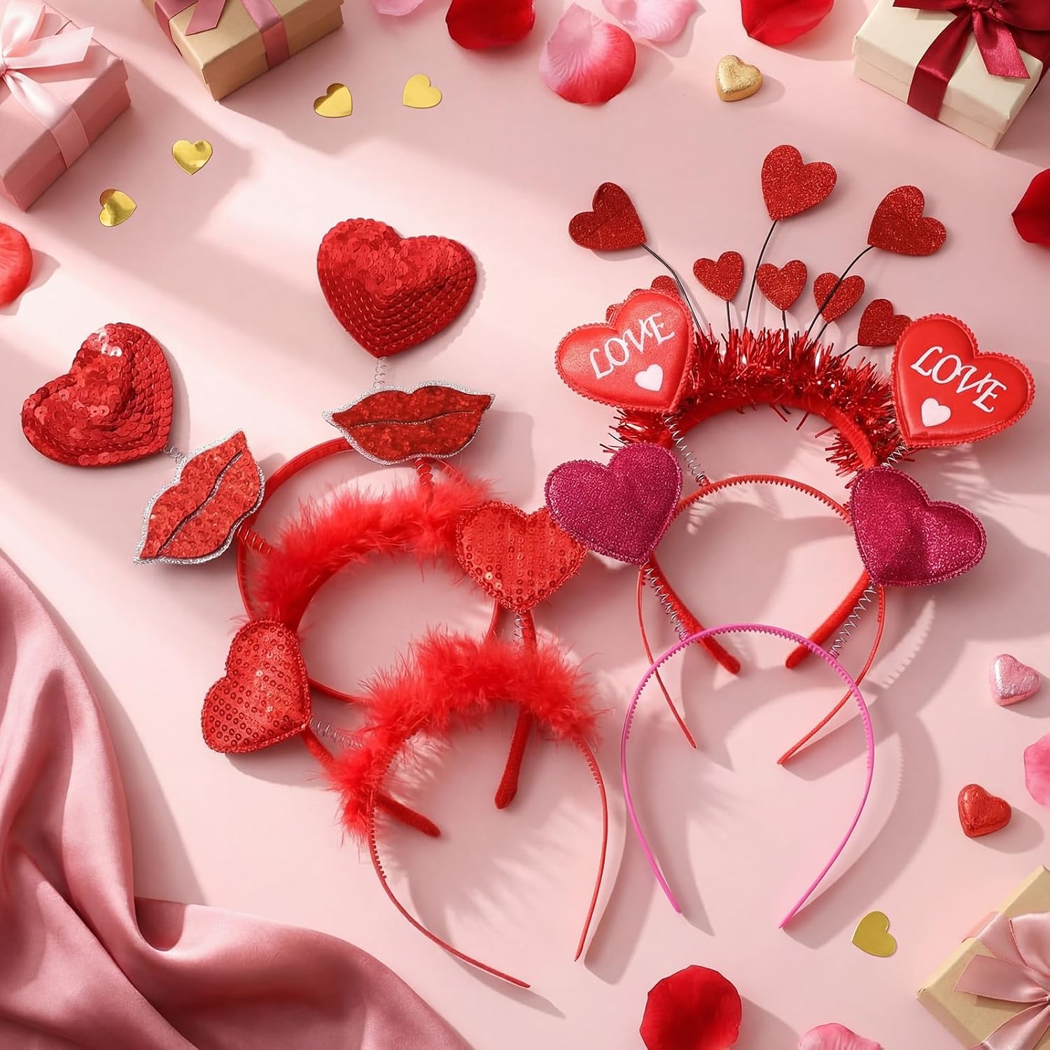 Zeyune 12 Pcs Valentines Day Heart Headbands Bulk for Women Glitter Love Shaped Head Bopper Cute Hair Accessory for Galentine, Wedding, Engagement, Birthday, Party