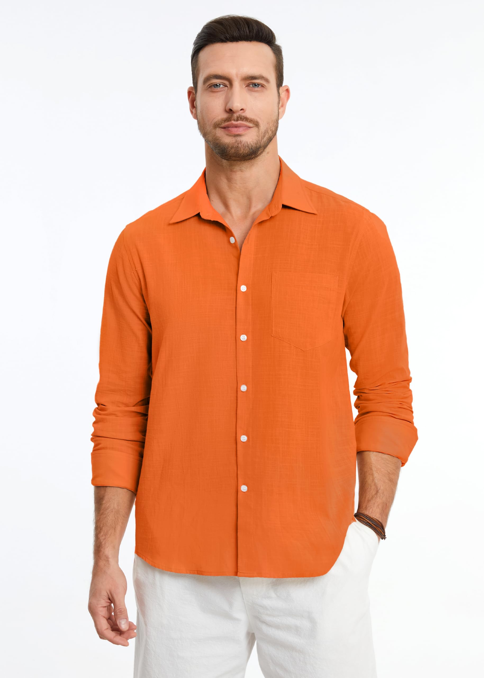 HISDERN Camisas de Lino y Algodón para Hombre Manga Larga Ligeras Verano Lino Camisa de Ajuste Regular Abotonadas Casual Shirt con Bolsillo