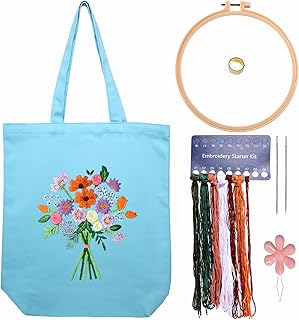 CREAWONDER Kit de bordado de bolsa de lona con patrón para principiantes, artes y manualidades de bordado para adultos, incluye instrucciones, aros de bordado, hilos de color y herramienta