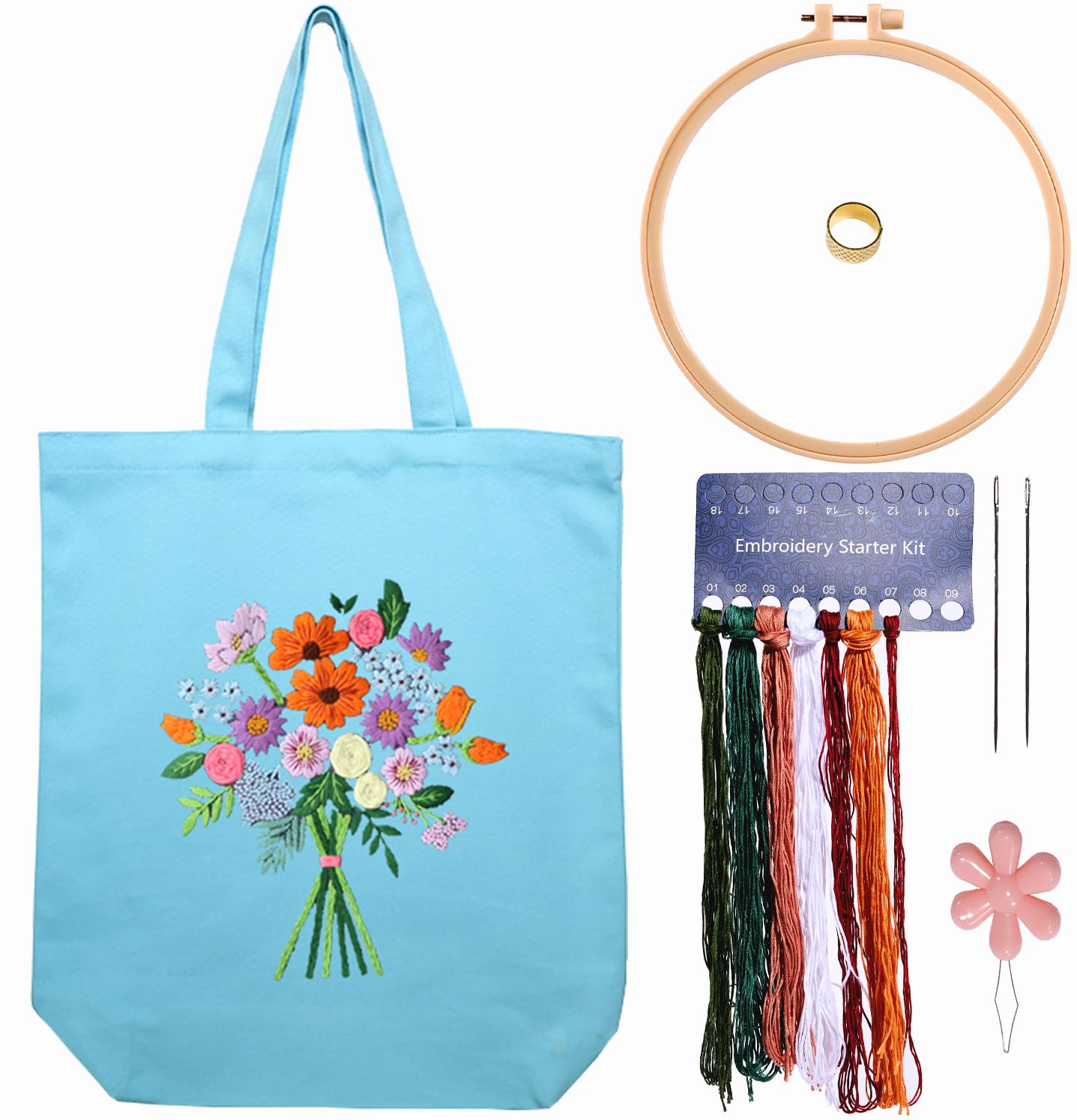 CREAWONDER Canvas Tote Bag Embroidery Kit with Pattern for Beginners, Arts and DIY Embroidery Crafts Kits for Adults, Include Instructions, Thimble, Embroidery Hoops, Color Threads and Tool