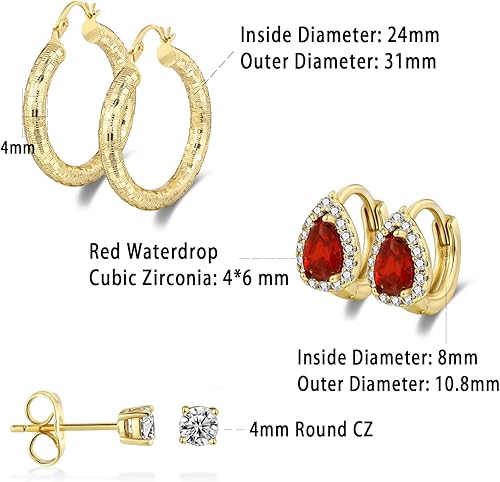 Miniatura 3 de Aretes de aro chapados en oro amarillo de 18 quilates, con forma de corazón rojo y lágrima con circonita cúbica de corte de diamante, juego de