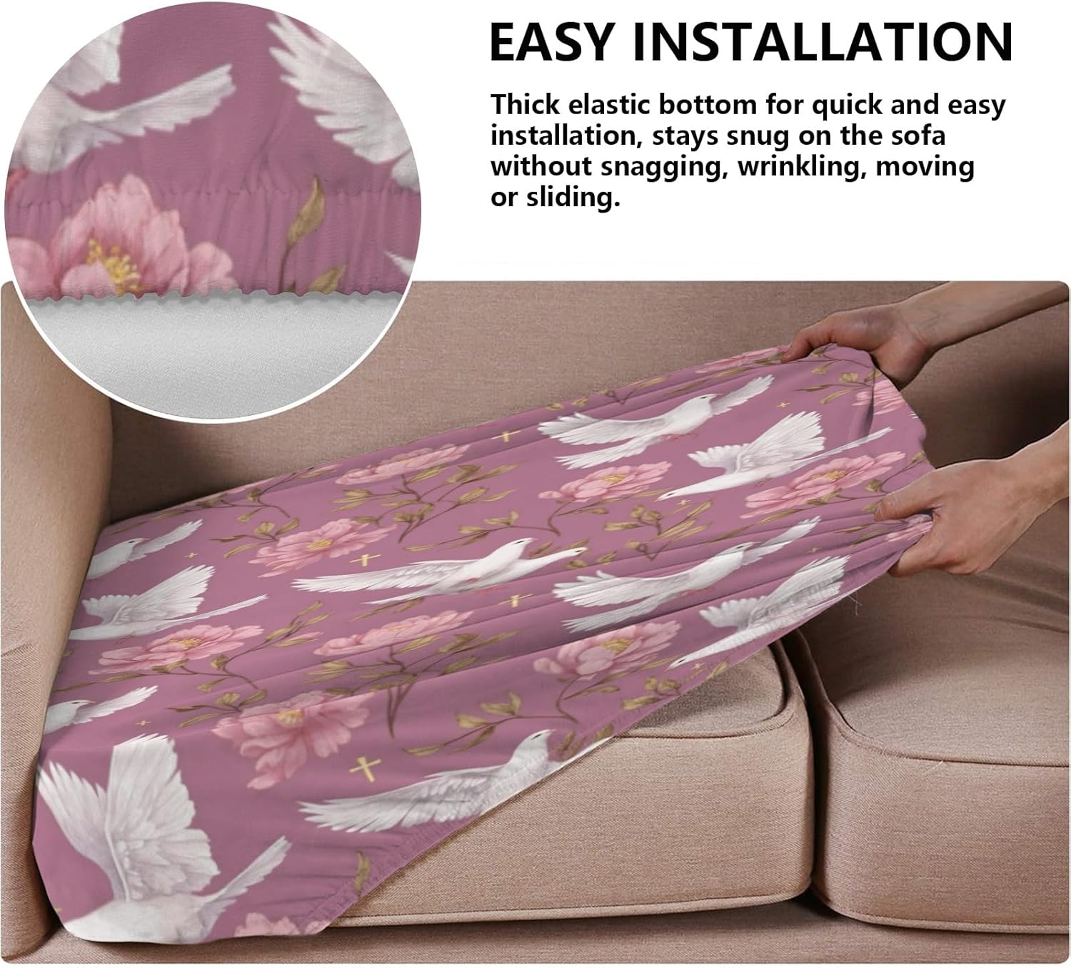 Peaceful Bloom Bird Pink Loveseat Covers Couch Covers for 2 Cushion Couch, 2-Piece Stretch Sofa Slipcovers Anti-Slip Washable Furniture Protectors for Dogs Pets