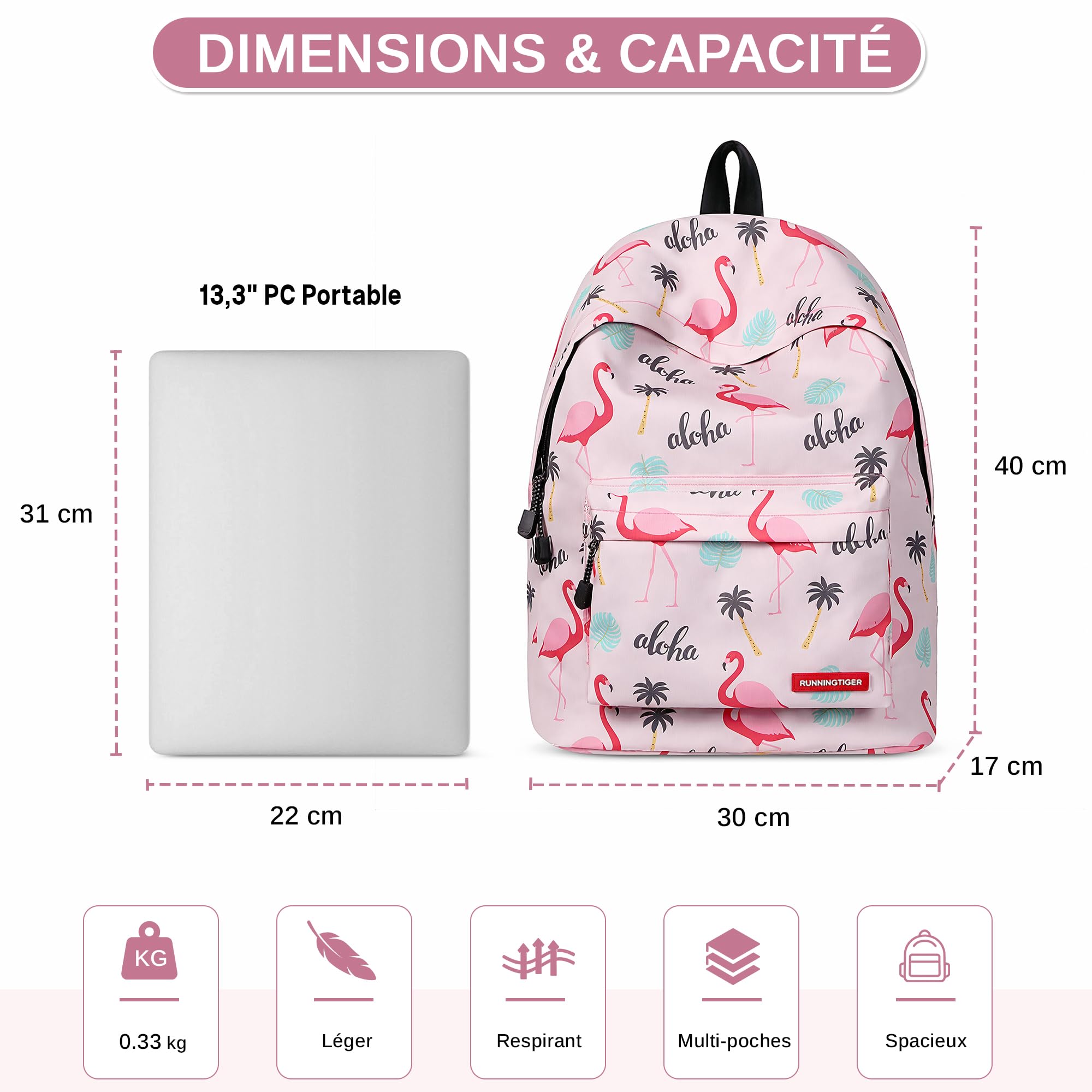 Sac a Dos Fille College Joli Cartable Ecole Primaire Scolaire pour Ado Enfant Sac à Dos pour Ordinateur Portable Flamant A