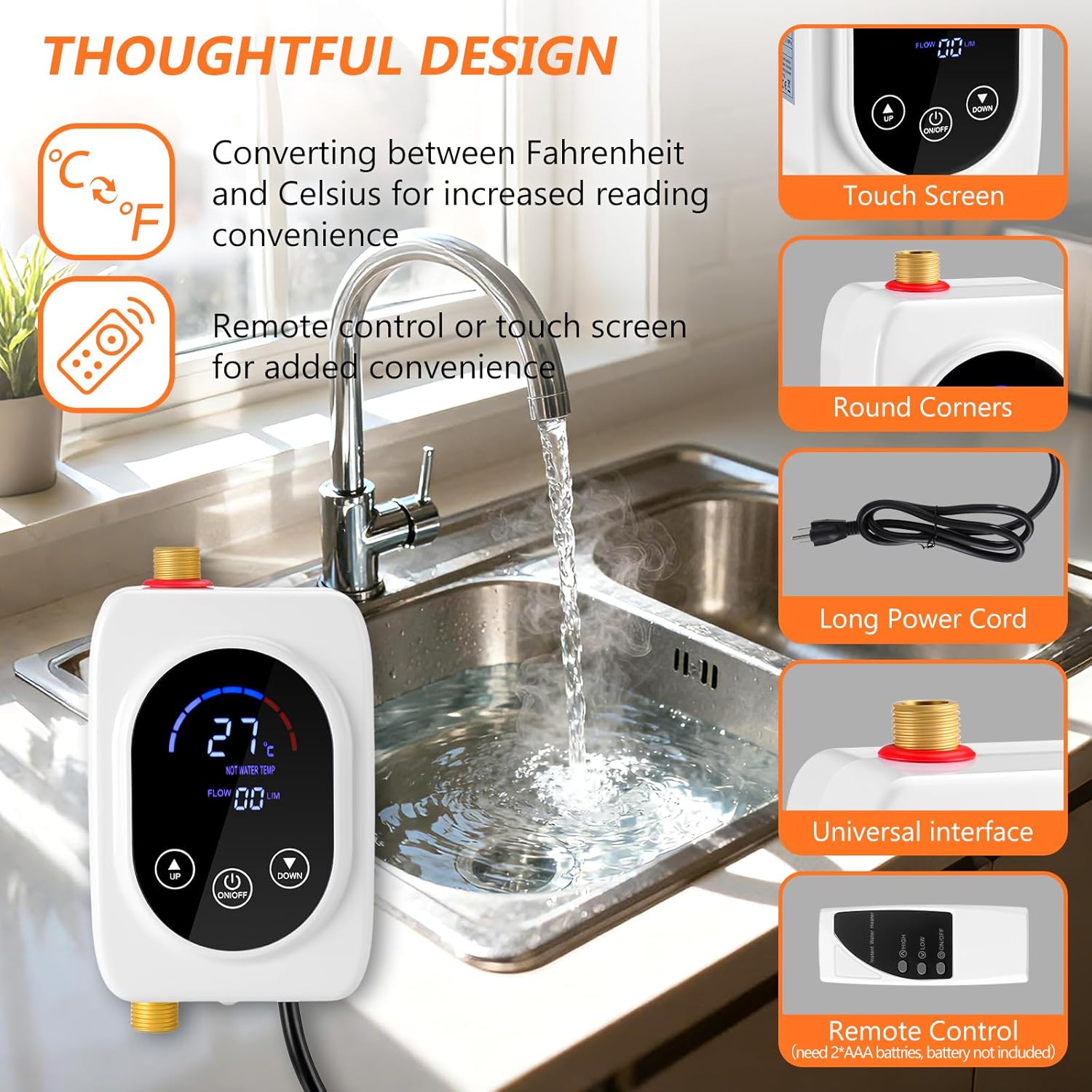 110V Tankless Water Heater Electric, 3000W Instant Water Heater Under Sink Adjustable Temperature, Hot Water Heater with Digital Display for Kitchen Bathroom RV